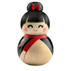 Poster - Charming wooden doll adorned with a bright red bow capturing the essence of childhood and playfulness isolated on transparent background..