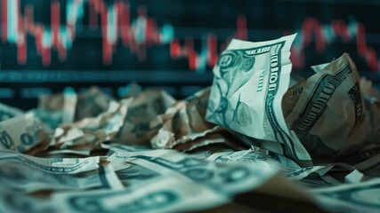 Poster - Crumpled Dollar Bills on Pile with Stock Market Chart in Background Illustrating Financial Trends and Investment Opportunities