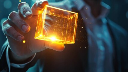Poster - Businessman Holding Transparent Cube With Glowing Light Inside, Concept of Innovation, Technology, and Modern Solutions in Corporate Environment