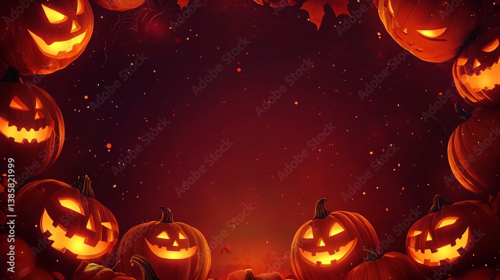 Halloween pumpkins jack o lantern frame on dark red background with ...