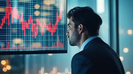 Poster - Business professional contemplating stock market trends while analyzing data on a digital screen in a modern office setting with financial graphs