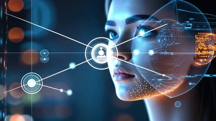 Poster - Futuristic Concept of AI Technology Integration with Human Features and User Interface Elements Displayed on Face for Digital Advancement