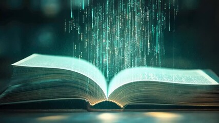 Poster - Open book with glowing pages and digital binary data streaming, representing knowledge, innovation, and the power of technology in learning and communication