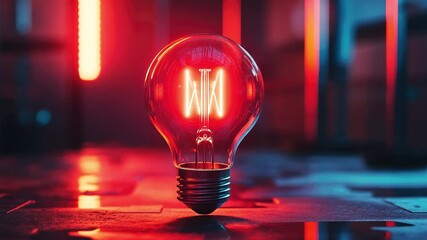 Poster - Glowing Light Bulb with Red Neon Glow in Modern Industrial Setting, Capturing Innovative Technology and Aesthetic Design