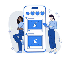 Poster - Two women interacting with digital content, one using a tablet and the other leaning on a smartphone interface, flat style on white background. Concept of online media. Vector illustration
