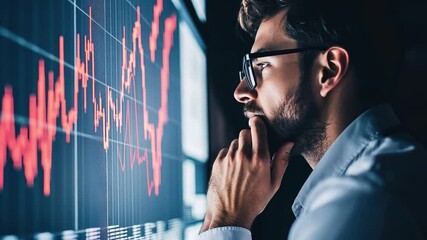 Poster - Young businessman analyzing stock market trends with a graph displaying red and green indicators, reflecting uncertainty and potential investment decisions.