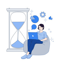 Poster - Woman sitting on bean bag with laptop near large hourglass, surrounded by icons like charts and gears, on white background. Concept of time management. Vector illustration