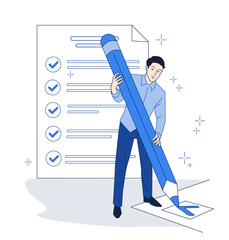 Poster - Man holding oversized pencil checking off items on a checklist, flat graphic style, white background, concept of productivity and task management. Vector illustration