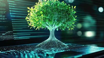 Poster - Digital Growth Concept with Tree Emerging from Laptop, Symbolizing Technology, Nature, and Innovation in the Modern World of Data Science and Sustainability