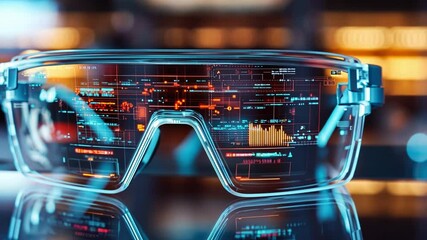 Poster - High-Tech Augmented Reality Glasses Displaying Digital Interface with Charts, Data, and Graphs in a Futuristic Setting