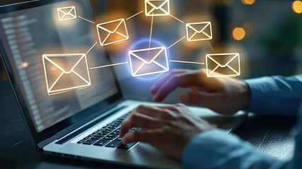 Poster - Hands Typing on Laptop with Digital Email Icons Floating Above, Representing Modern Communication and Technology in a Connected World
