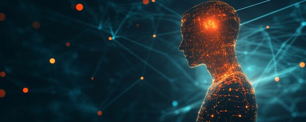 Poster - 3d rendering of a human head forming with connected dots symbolizing the future of ai
