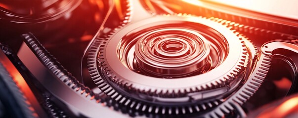 Poster - Complex system of shiny metal gears rotating with red light effect