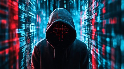 Poster - Hacker stands in the midst of binary code within a data center