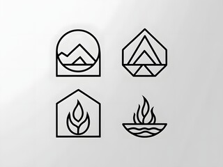 Poster - Four Abstract Geometric Line Art Logos Representing Mountain, Gem, Home, and Flame.