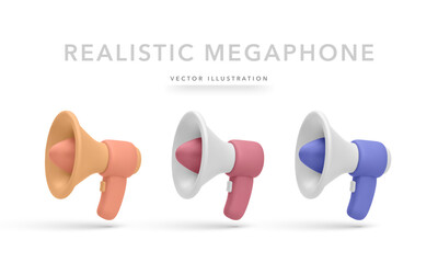 Fototapete - Megaphone Icons In 3D Modern Style For Marketing, Promotion, And Media Design. Colorful Loudspeakers With Smooth Plastic Texture On White Background. Vector Illustration.