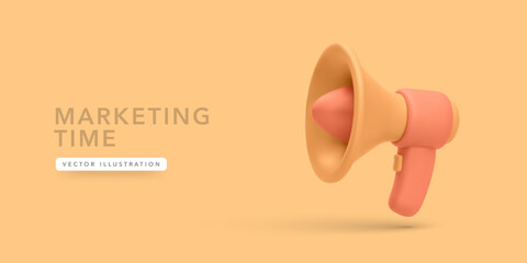 Fototapete - Marketing Megaphone In 3D Style On Warm Yellow Background. Trendy And Minimal Design For Promotion, Communication, And Branding Projects. Eye-Catching Concept. Vector Illustration.