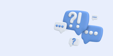 Fototapete - Chat And Support Message Bubbles In 3D Style With Question And Exclamation Marks. Minimal Blue Communication Icons For App Or Web UI Design. Clean Modern Aesthetic. Vector Illustration.
