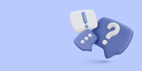 Fototapete - 3D Chat Icons With Question And Exclamation Marks On Blue Background. Ideal For Support Pages, Communication Apps, Or Web Interfaces. Clean And Minimal Vector Illustration.