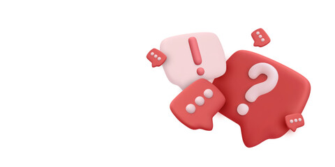 Fototapete - Question And Answer Symbols With 3D Speech Bubbles, Exclamation And Chat Icons On White Background. Perfect For Help Desk, Support Page Or FAQ Design. Vector Illustration.