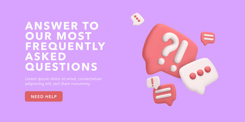 Fototapete - 3D Chat Bubbles With Question And Exclamation Marks On Pastel Background. Ideal For FAQ Pages, Help Centers, Web Design, And App UI. Eye-Catching And Minimal Vector Illustration.