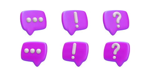 Fototapete - Violet Chat Bubbles With 3D Symbols For Exclamation, Question, Ellipsis And More. Modern Communication Concept For UI, Stickers, Messages. Vector Illustration.