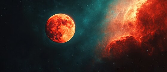 Wall Mural - dramatic cosmic vista featuring a vibrant red planet juxtaposed against a nebula rich in color and d