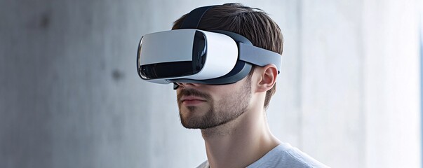 Poster - Young man is immersed in virtual reality with a vr headset