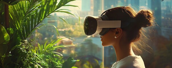 Aufkleber - Young woman wearing a vr headset and immersing herself in virtual reality in a room filled with abundant greenery and large windows