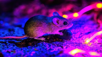 Poster - A tiny brown mouse gripping a black object, illuminated by vibrant neon lights, its curious eyes reflecting colorful glows.