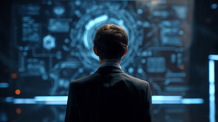 Poster - Man in suit facing a large screen displaying complex blue digital information and data visualization