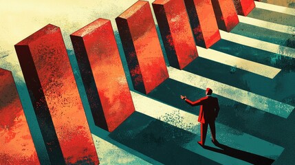 Poster - Abstract business success illustration with a leader preventing dominoes from toppling over.