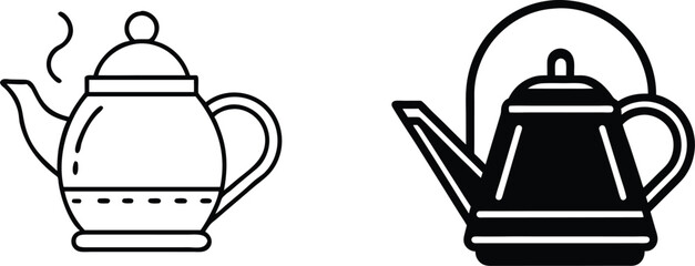 Poster - Teapot Kettle Icons Line Art, Black, White, Brewing, Hot Beverage