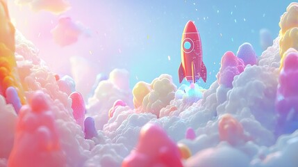 Poster - Abstract concept of a business startup with a rocket soaring through digital data clouds.