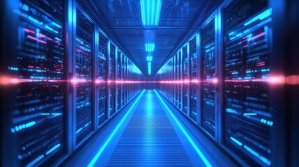 Aufkleber - Abstract data transfer concept with futuristic neon blue light beams moving between cloud servers.