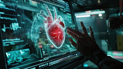 Poster - An innovative medical scene where a hand interacts with a pulsating holographic human heart.