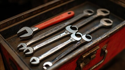 Poster - Close-up of premium mechanic tools, including ratchets and wrenches, inside a durable toolbox, emphasizing professional-grade equipment.