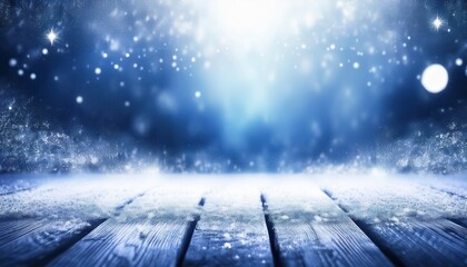 Poster - frosty wooden table covered in snow with glowing winter forest background, perfect for holiday banner or seasonal display

