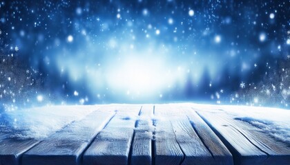 Poster - frosty wooden table covered in snow with glowing winter forest background, perfect for holiday banner or seasonal display

