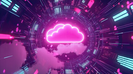 Poster - Digital cloud surrounded by floating data icons representing secure storage and technology.