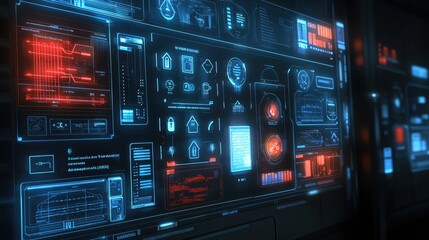 Poster - Digital holographic interface displaying smart home features, with security locks and energy-efficient symbols in a sleek, modern design.