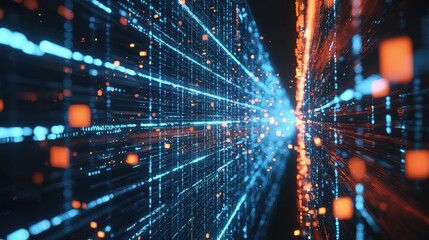Aufkleber - Futuristic digital grid with fiber-optic waves of data traveling at the speed of light, creating an electrifying technology background.