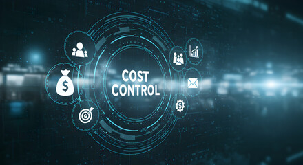 Poster - Cost Control Concept with Glowing Blue Digital Icons for Financial Management and Economic Growth