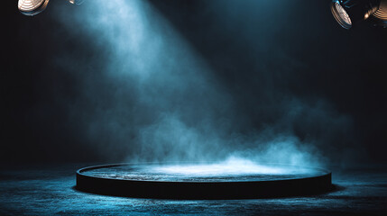 Poster - A stage platform illuminated by spotlights with a smoky atmosphere in a darkened setting
