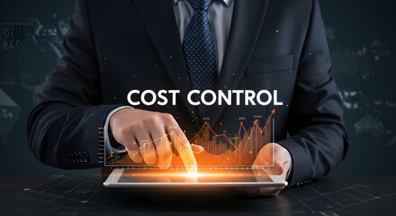 Poster - Businessman Holding Tablet with Cost Control Concept Hologram in a Dark Background with Graph Trend and Digital Technologies