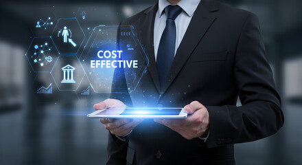 Poster - Business Man in Suit Presenting Cost Effective Strategy on Digital Tablet with Glowing Blue Light and Futuristic Technology Elements
