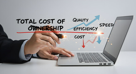 Poster - Business Hand Analyzing Total Cost of Ownership with Graphs on Laptop in Bright Office