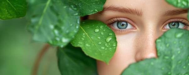 Aufkleber - Young woman with blue eyes is hiding behind wet green leaves