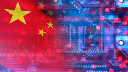 Poster - High-tech industry in China. PCB and chinese flag background. Microprocessor manufacturing in People Republic of China. The printed circuit board is made in China. Export of Chinese radio electronics.