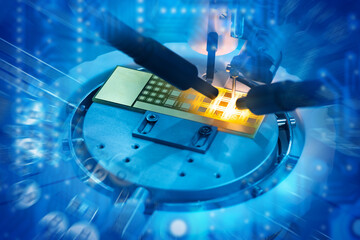 Aufkleber - microchip under inspection by robotic probes during semiconductor testing, surrounded by a high-tech